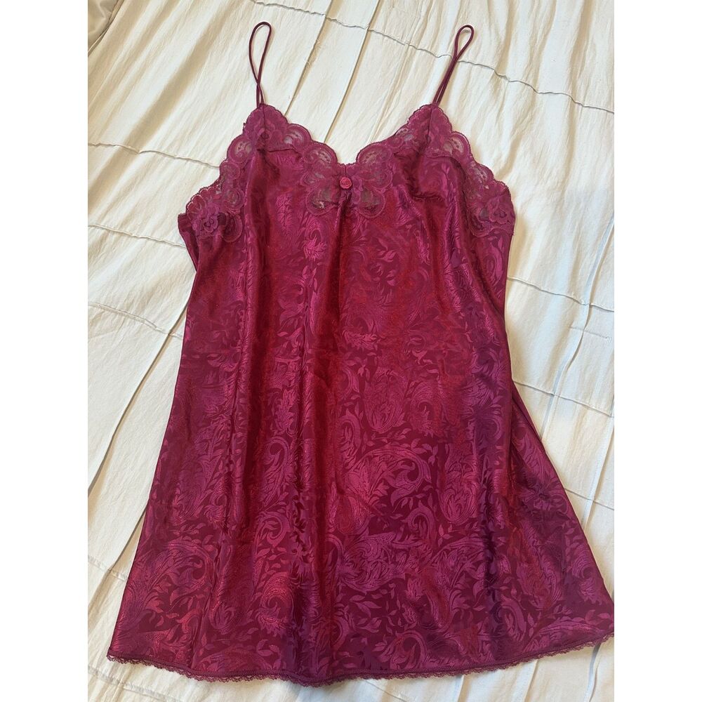 Vintage Lucie Ann II Red Floral Lace Trim Slip Night Dress